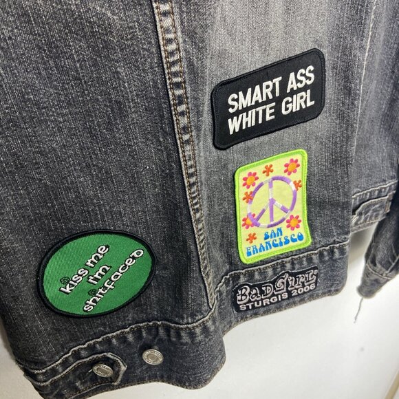 Gap Woman L Black Denim Girl Pwr Drinking Patches Jacket Irish Grunge Biker - Picture 4 of 9
